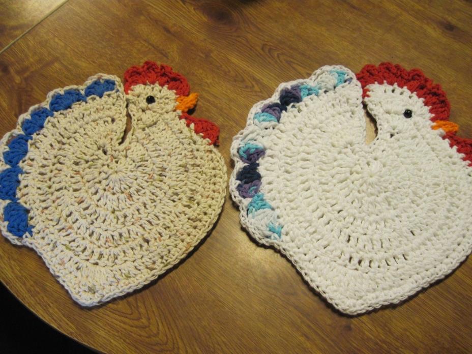 2 Homemade Crocheted Chicken Potholders (blue and blue variegated)