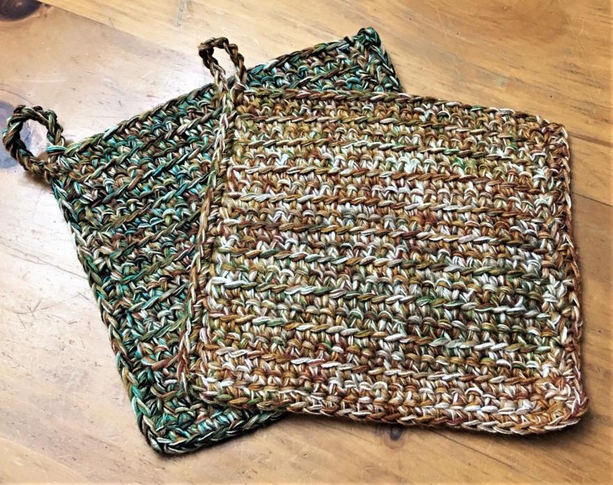 Pot Holders, Artesian Green, Crochet Set of 2, 100% Cotton, 12 Strand