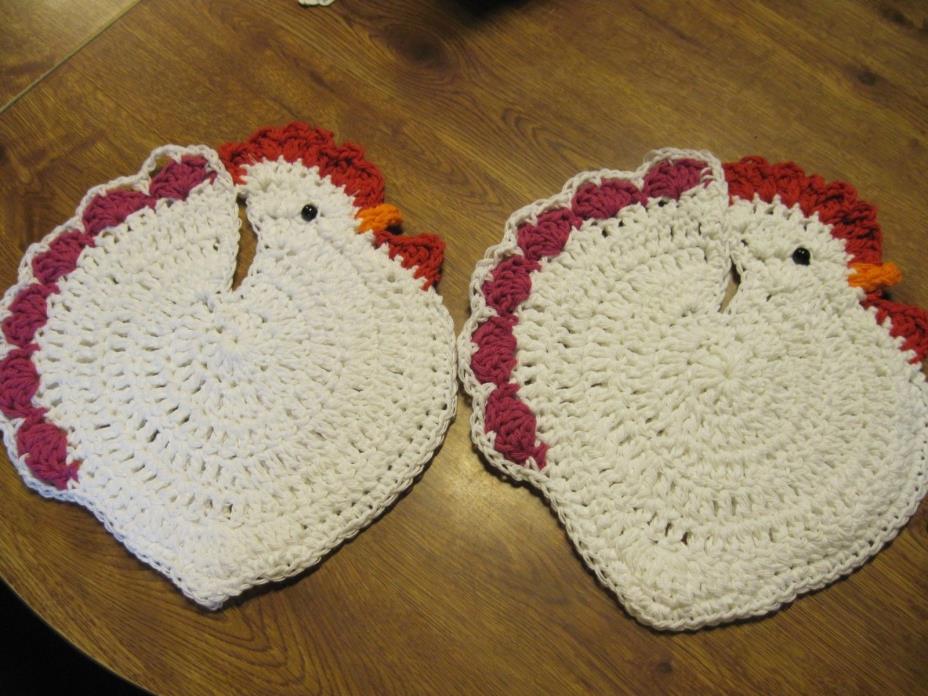 2 Homemade Crocheted Chicken Potholders (pink feathers)
