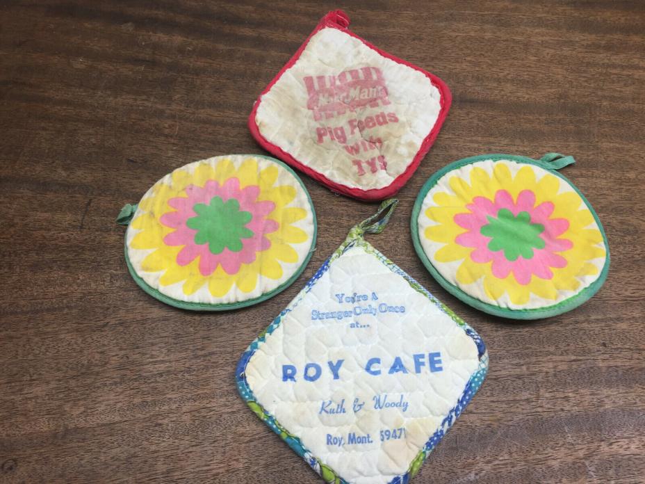 4 Vtg Advertising Pot Holders ~ Roy Cafe- MT./ MoorMan's Pig Feeds & 2 floral
