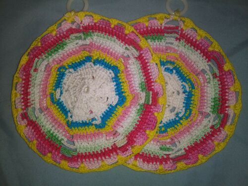 Vintage Hand Crocheted Doilies Pot Holder Hot Pad pink yellow white blue