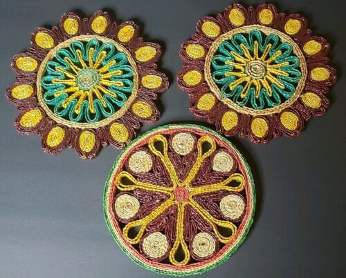 3 Colored Wicker Straw Hot Pads Pot Holders  Vintage
