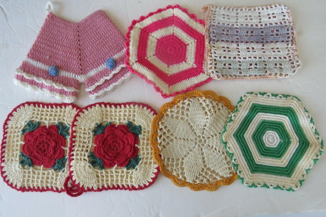Vintage Hand Crocheted Pot Holders Lot Of 6 Assorted Colors And Styles