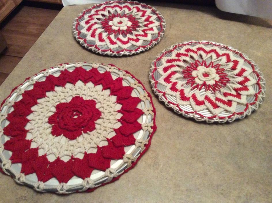Vintage Kitchen Stove Burner Pads with Crocheted Red and white covers Set of 3