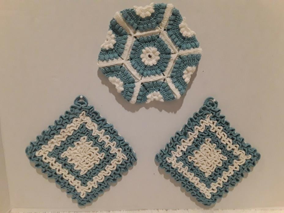 Vintage Group of Three Hand Made Crochet  Potholders in Blue and White