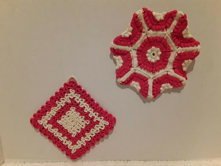 Vintage Hand Made Crochet  Potholders Set Of Two Fuschia And White