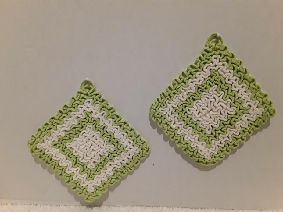 Vintage Hand Made Crochet  Potholders Set Of Two Green And White