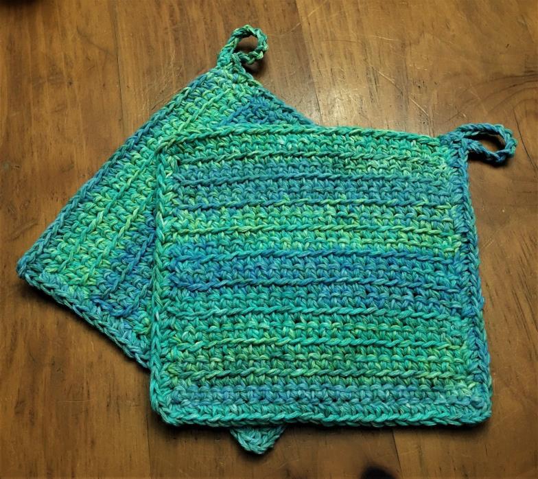 Pot Holders, Ocean Waves, Crochet Set of 2, 100% Cotton, Double Strand