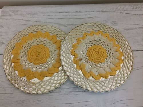 Vintage Yellow Crochet Rose Hot Pad Plate x 2