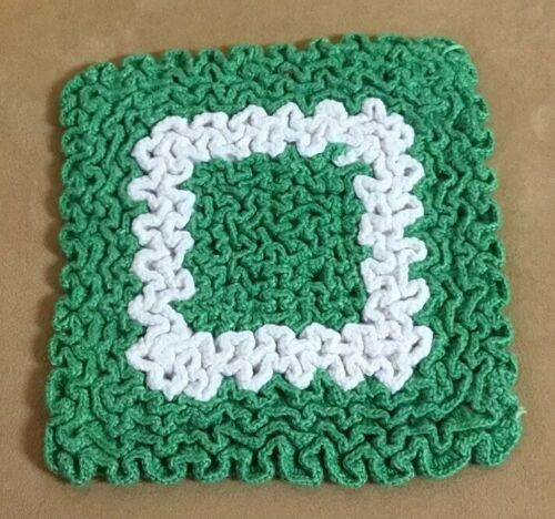 Vintage Hand Crocheted Potholder, Hot Pad, White, Green, Square