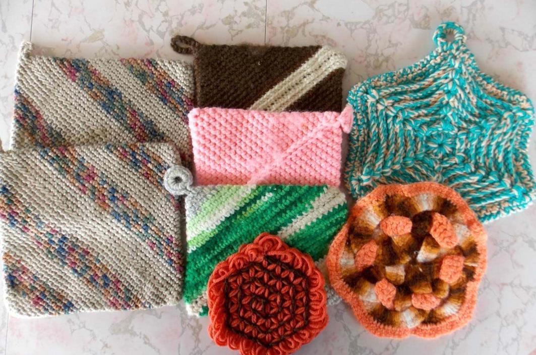 Lot of 8 Vintage Trivets Potholders Kitchen Hot Pads Crochet Knitted