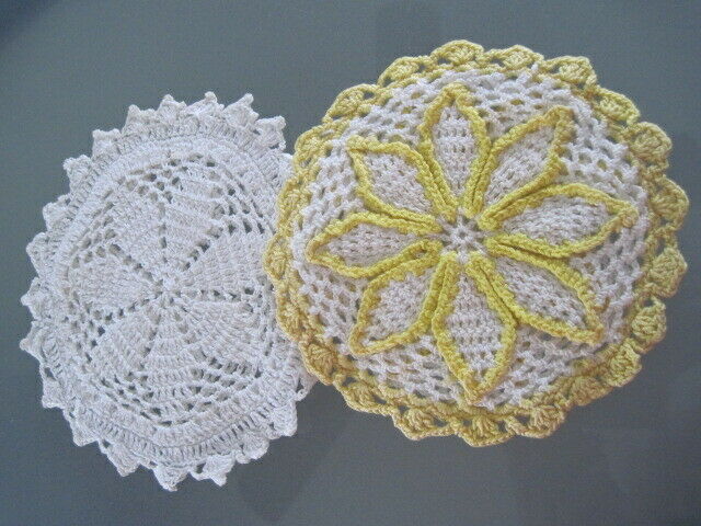 Set of 3 Vintage Potholders Yellow & White Crocheted Approx.  6” Diameter.