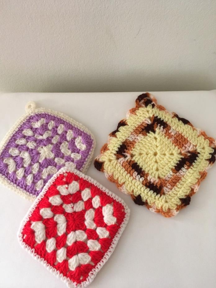 3 Vintage Croqueted Pot Holders / Red, White, Lavendar, Yellow