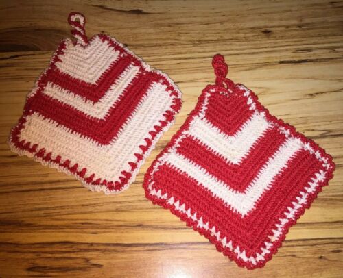 Two Vintage Pot Holders, Hot Pads, Kitchen Decor, Hand Crocheted, Red & White