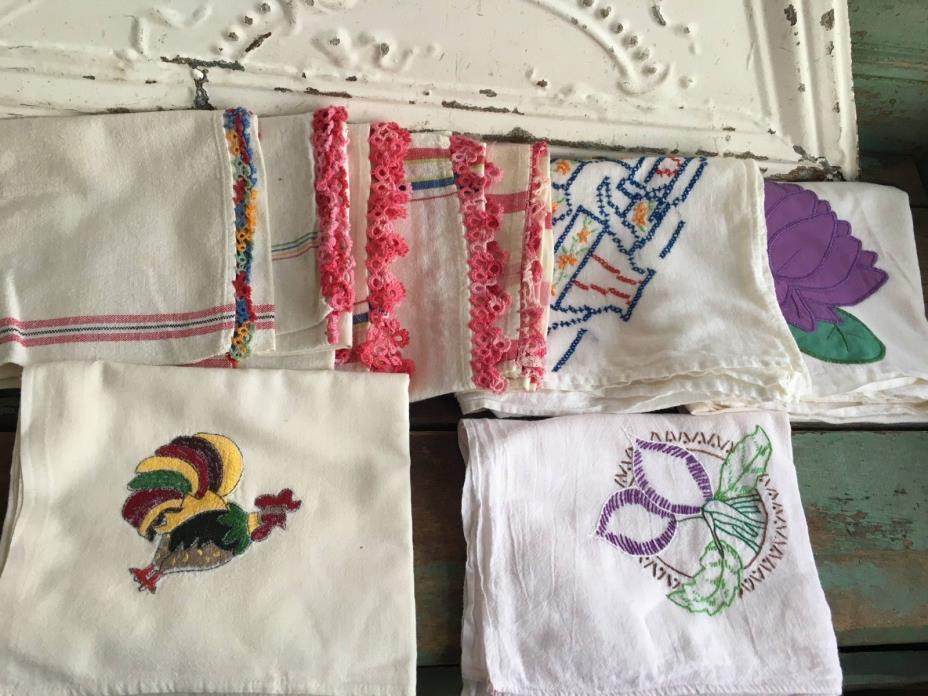 Vintage Dish/Tea Towels 9 Assorted Embroidery Crochet Trim Teapot Rooster Flower