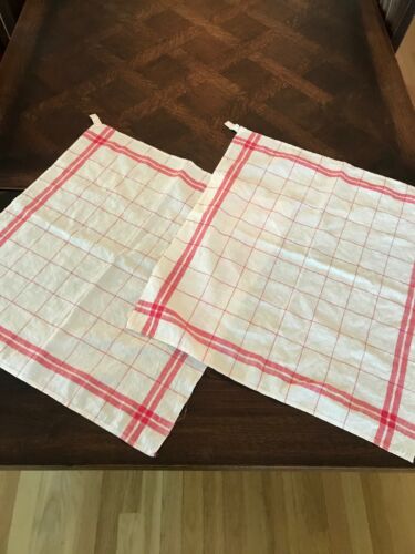 2 Vintage French LINEN Towels Torchon Red Stripes Monogrammed Kitchen France