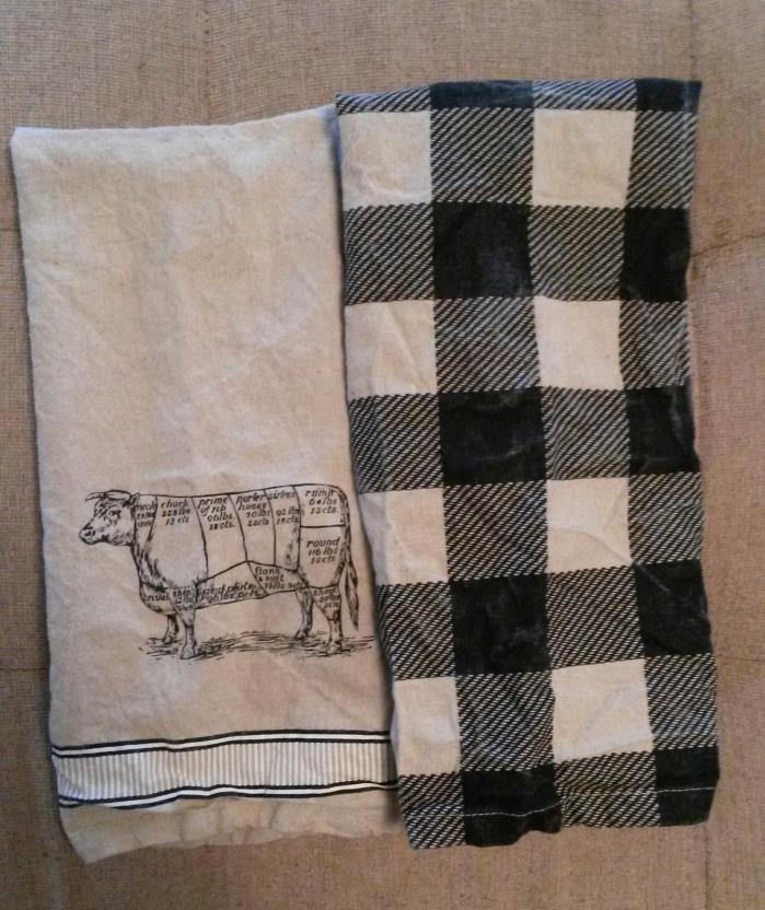2 pc Linen/cotton blend kitchen towel set, black & tan. Only used once & washed