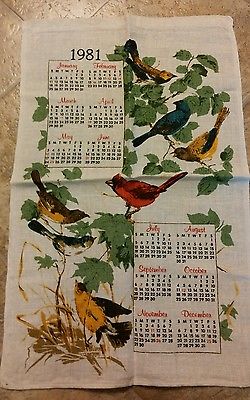 Vtg Calendar Tea Kitchen Towel Birds Cardinal Bluebird Estate Sale 1981 Cottage
