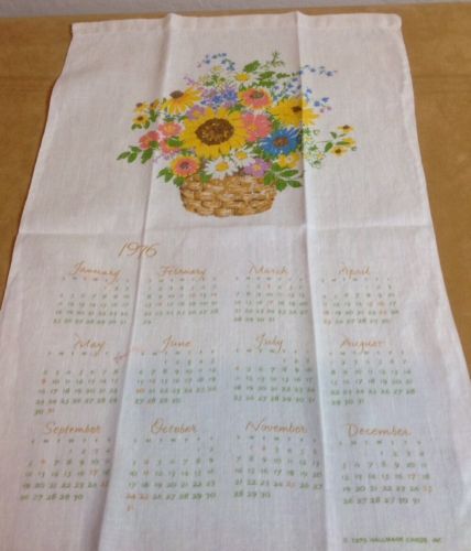 Vintage Kitchen Calendar Towel, 1976, Linen, Flower Basket, Spring Flowers