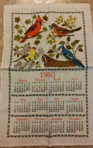 Vtg Calendar Tea Kitchen Towel Birds Cardinal Blue Jay Estate Sale 1980 Cottage