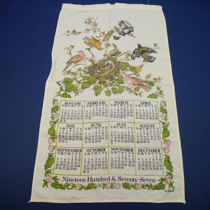 Vintage 1977 B&D Linen Calendar Towel Cecily Dogwood Flowers Birds & Nest Floral