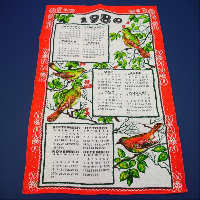 Vintage 1980 Linen Calendar Kitchen Tea Towel Red Green Birds in Tree Branches
