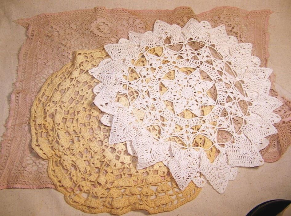 3 Vintage Doilies; Runner, Ruffle Round & Faded Beiges Round; see pics