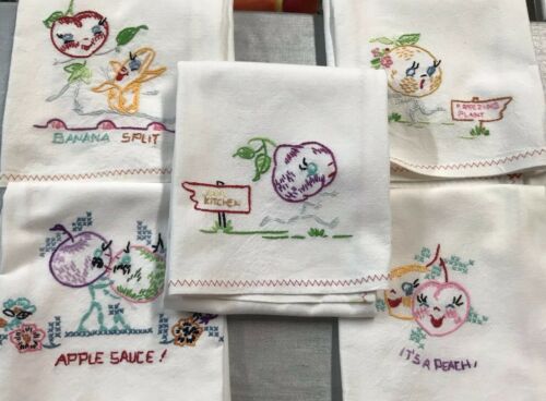 Vintage Cotton Hand Embroidered Days of the Week Dish Towels FRUIT Set 7