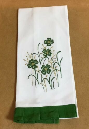 Kitchen Dish Towel, Embroidery Flowers, Leaves, White, Gold, Green, Cotton