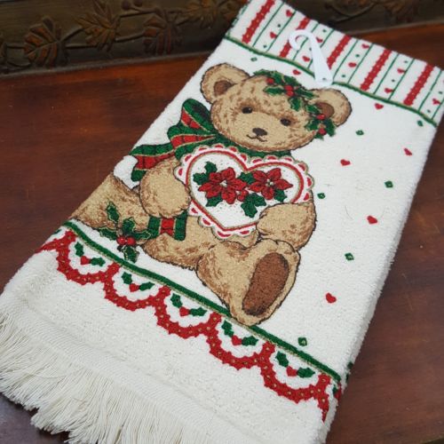 Vintage Cannon Made USA Kitchen Towel Christmas Bear heart  Hand fringe cotton