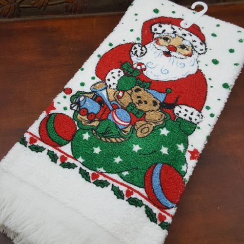 Vintage Cannon Made USA Kitchen Towel Christmas Santa Xmas Hand fringe cotton