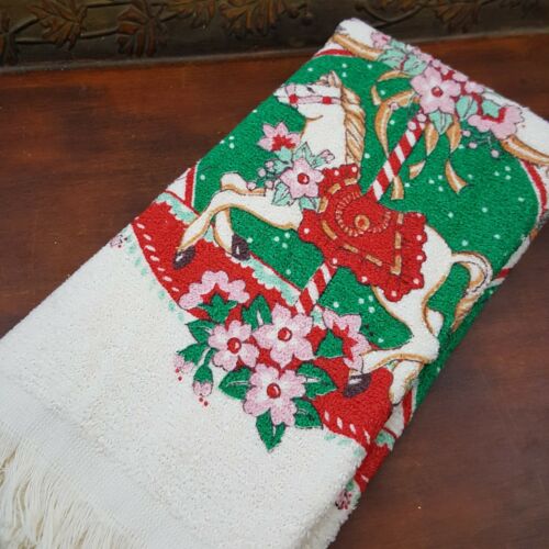 Vintage Cannon USA Kitchen Towel Christmas carousel Horse Hand fringe cotton