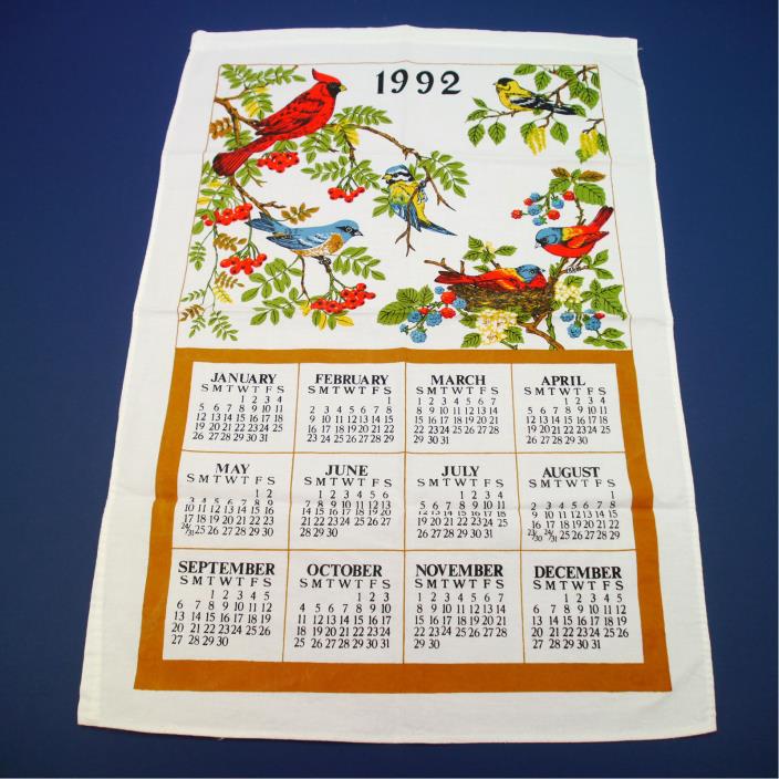 Vintage 1992 Linen Calendar Kitchen Towel Red Yellow Blue Birds on Berry Branch