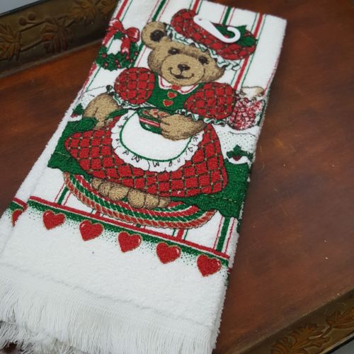 Vintage Cannon Made USA Kitchen Towel Christmas girl Bear  Hand fringe cotton