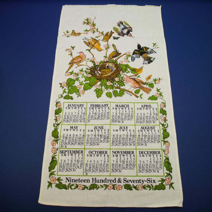 Vintage 1976 B&D Linen Calendar Towel Cecily Dogwood Flowers Birds & Nest Floral