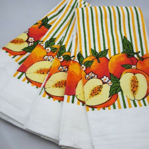 Vintage kitchen towel lot 5 peach stripe fruit Woolworth Cotton 16 x 26 in