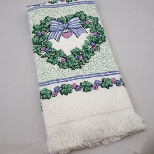 Vintage Made USA Kitchen Towel Ivy Wreath blue Cannon white Hand fringe cotton