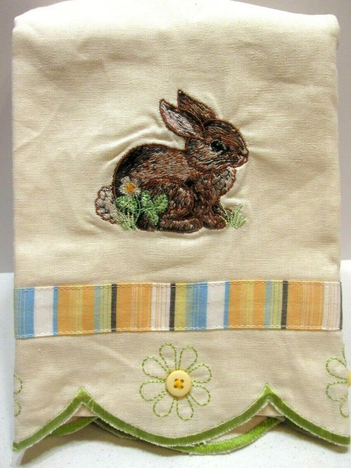MWW Market Embroidered Linen Hand Towel Woodland Sanctuary Bunny Button Trim NEW