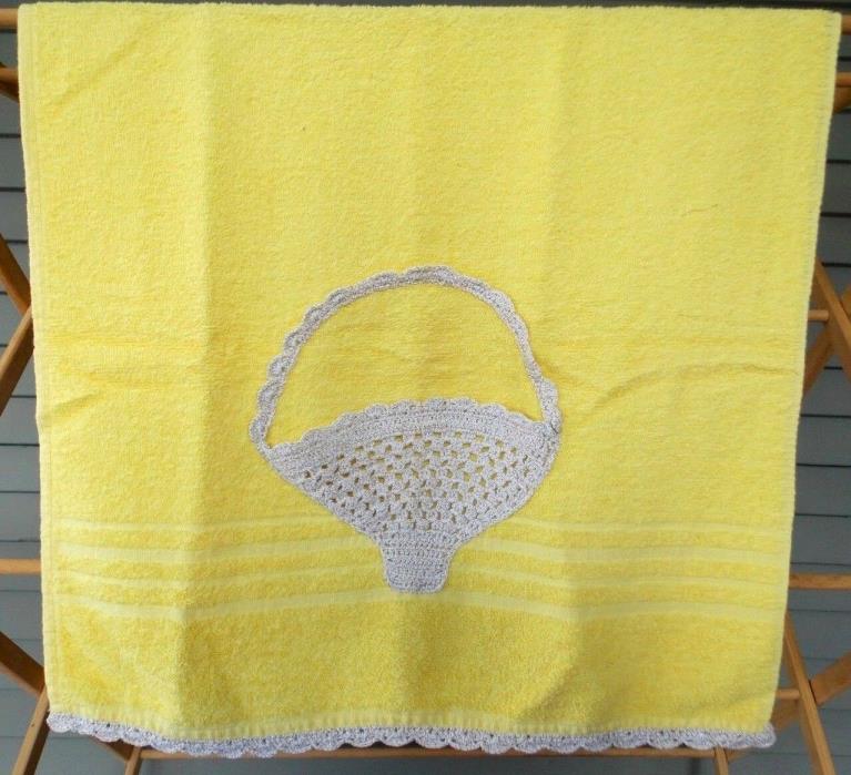 Vintage Terry Cloth Hand Bath Towel Yellow with Crochet Basket and Trim