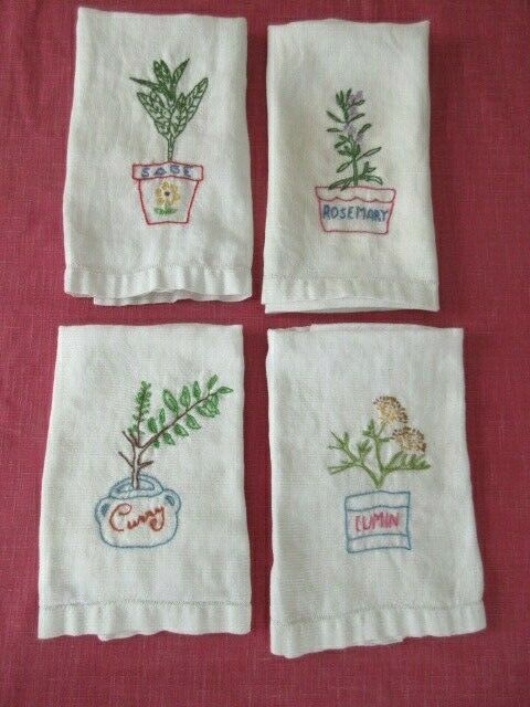 4 Vintage Soft Monks Cloth Kitchen Tea Towels  – New Embroidery, 30”x17”