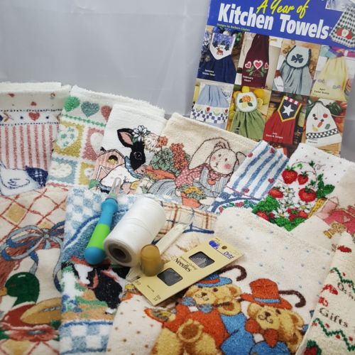 Vintage kitchen towels lot project arts crafts box lot sew knit fringe