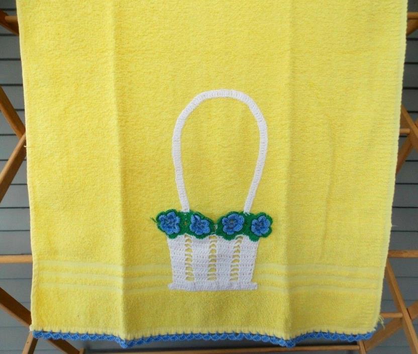 Vintage Terry Cloth Hand Bath Towel Yellow with Crochet Blue Flowers Basket Trim