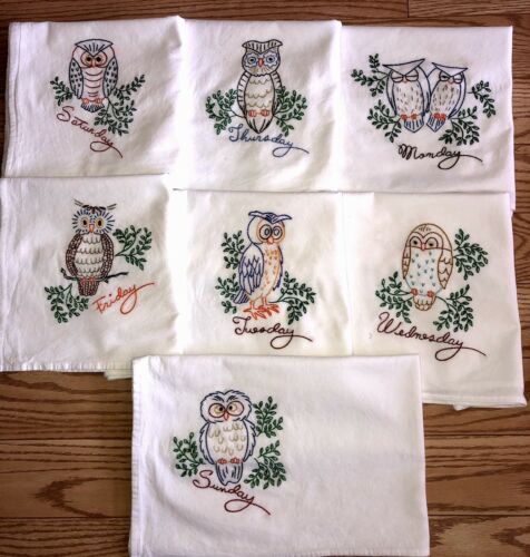 SET OF 7 VTG STYLE HOOTY OWLS HAND  EMBROIDERED FLOUR SACK DISH TOWELS