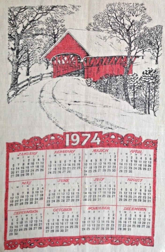Vtg Linen 1973 12 Month Calendar Tea Kitchen Towel Covered Bridge 16