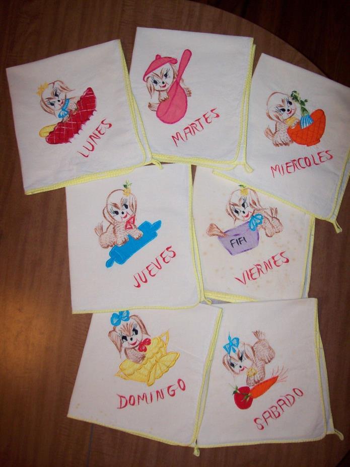 7 Vintage Embroidered Puppy Dog Spanish Days of the Week Towels