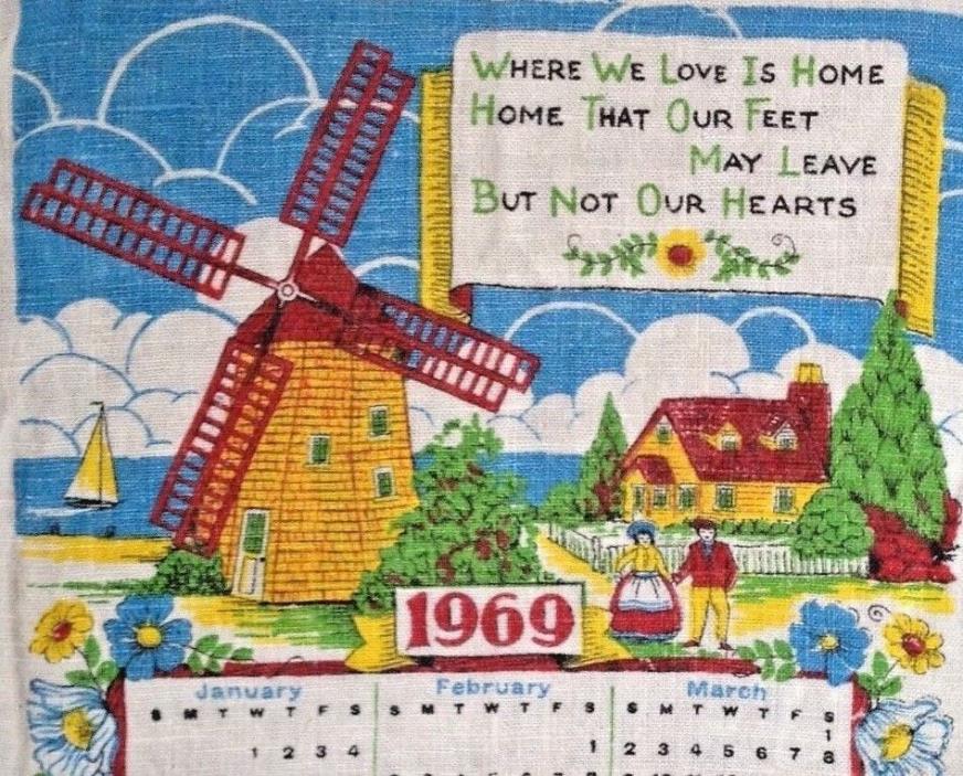 Vintage Linen 1969 12 Month Calendar Tea Towel Dutch Farm Scene 16