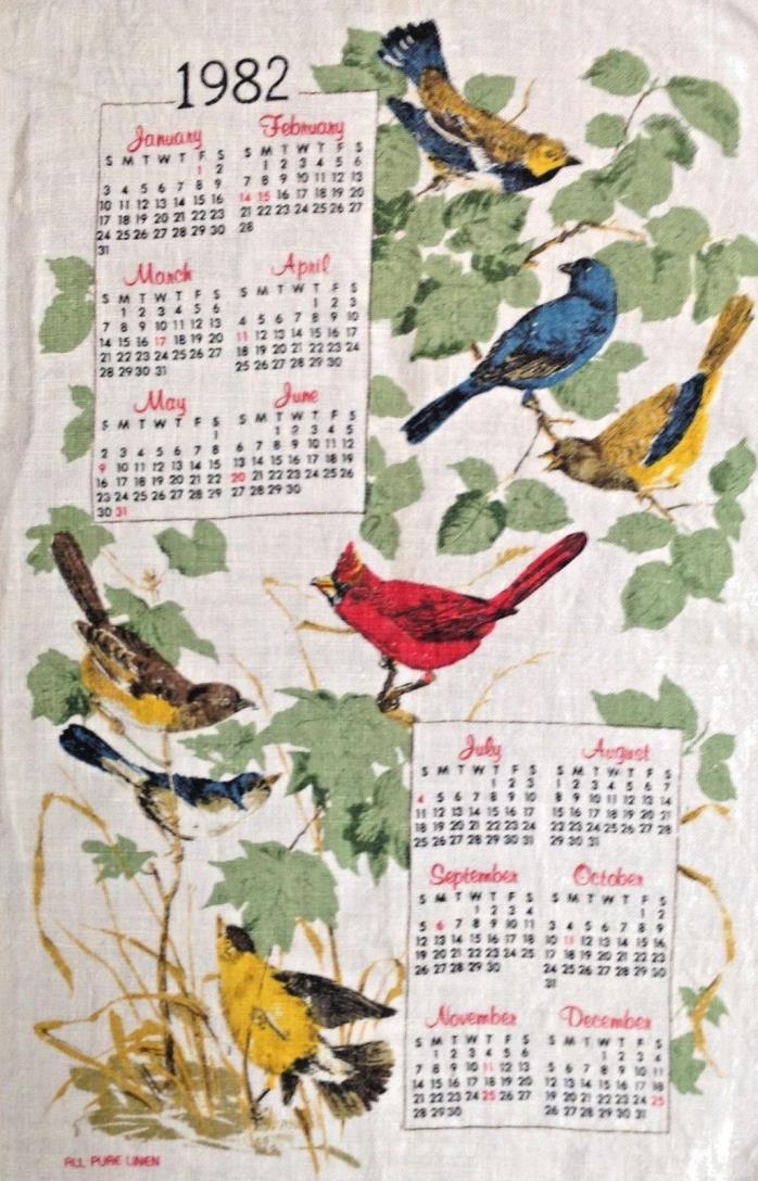 Vintage Linen 1982 12 Month Calendar Tea Kitchen Towel Birds 16