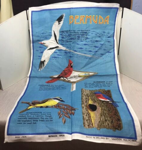 vtg New Irish Linen Bermuda Summer Birds Dish Towel Kiskadees Longtails Bluebird