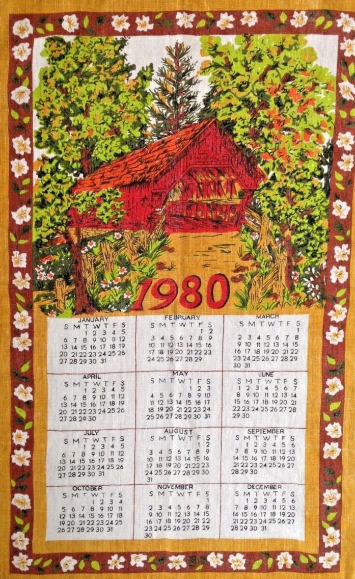Vintage Linen 1980 12 Month Calendar Tea Towel Covered Bridge 16