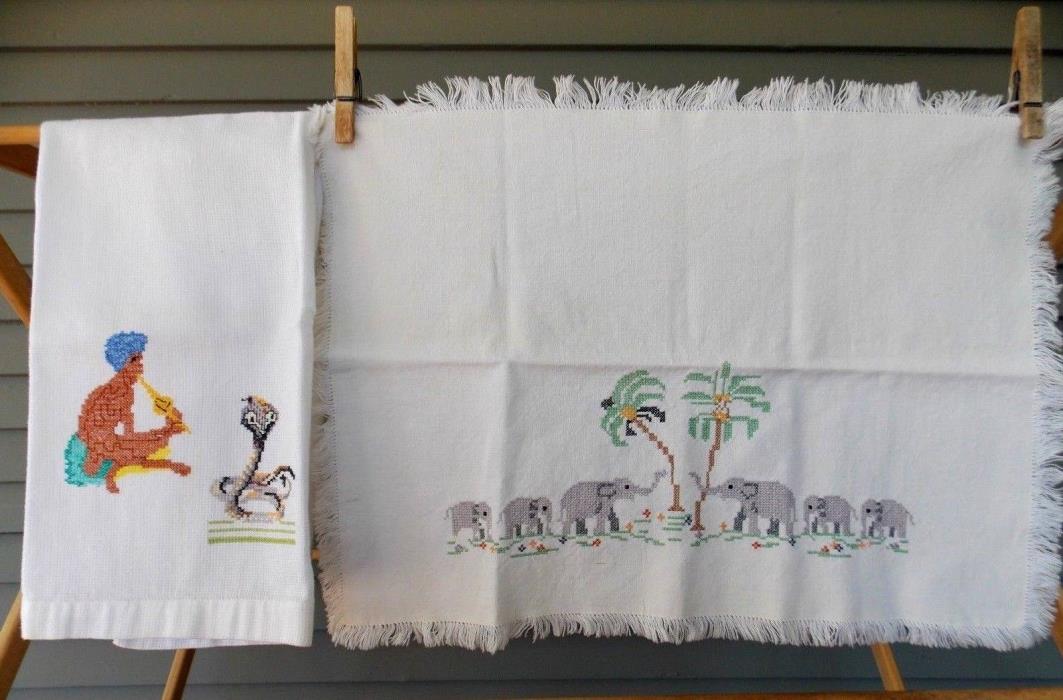 2 Vintage Embroidery Hand Towels Swami Cobra Elephants On White
